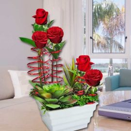 5 Red Roses With Artificial Cactus Table Arrangement