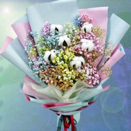 6 Cotton Flowers With Rainbow Baby Breath Hand Bouquet
