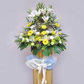 White Lily and Yellow flower On box stand 5 feet height