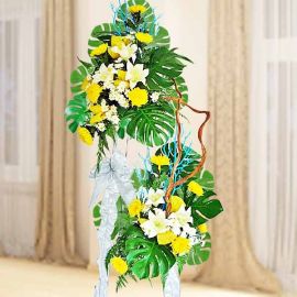 Fresh Chrysanthemum & Artificial Lilies With Wooden Vines