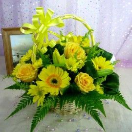 Yellow Roses & Gerbera Small Basket Arrangement