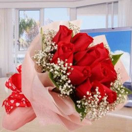 12 Red Roses With Baby Breath Posy