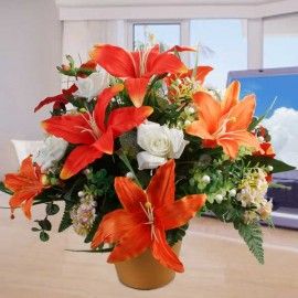 Artificial Orange Lilies & White Roses Table Arrangement