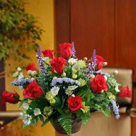 Artificial Red Roses With Forget-Me-Not Table Arrangement