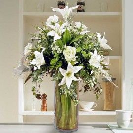 Artificial White Lilies & Roses In Glass Vase Table Arrangement