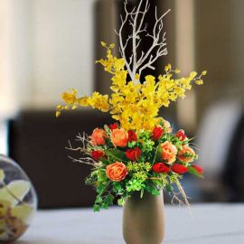 Artificial Orange Roses With Dancing Orchids