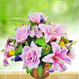 Artificial Pink Roses & Lilies Flowers Table Arrangement