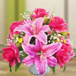 Artificial Hot Pink Roses & Lilies Flowers Table Arrangement