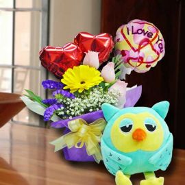 15cm OWL Soft Toy With Roses & 3 Balloons Standing Bouquet.