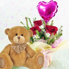 15cm Bear and a Heart-Shape Balloon with 3 Red Roses Standing Bouquet.