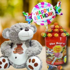 25cm Bear with Lollipop Candies & Happy Birthday Balloon