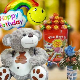 38cm Bear with Lollipop Candies With Blue Rose & Birthday Balloon.