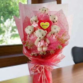 6 Mini Bear With Heart Shape Tag in the Ctr Hand Bouquet