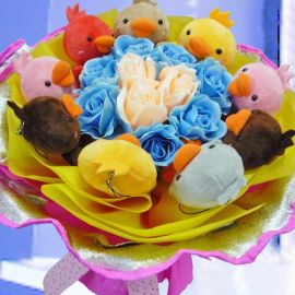 9 Chick Plush Toy & Artificial Roses Hand Bouquet