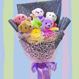 5 Mini Bear ( 10cm ) With 5 Artificial Roses Hand Bouquet