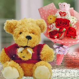 8 inches Bear & 3 Mini Bears With Artificial Roses Bouquet
