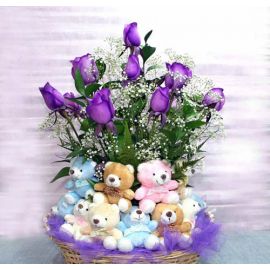 12 Purple Roses With 20 Mixed Color Bears In a Basket