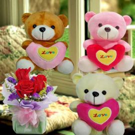 (Choose One) 16cm Bear With Love Pillow With Roses Standing Bouquet