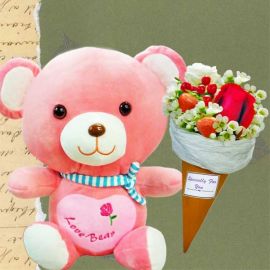 30cm Love Bear & Ice Cream Cone Rose Bouquet