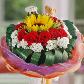 Mini Couple Bear, SunFlower & Red Roses Hand Bouquet