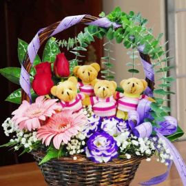 4 Mini Bears With Roses Basket Arrangement