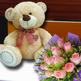 12 inches Bear with 12 Peach Roses bouquet