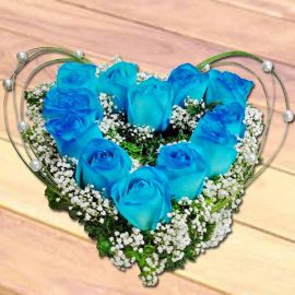 12 Blue Roses Heart-Shape Table Arrangement