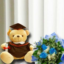 18cm Graduation Bear with 3 Blue Roses Hand Bouquet