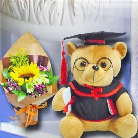 30cm Graduation Teddy Bear With Sunflower Hand Bouquet