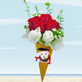 Ice Cream Cone 3 Red Roses Bouquet With Mini Graduation Bear.