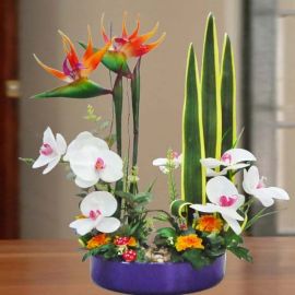 Ikebana with Artificial Bird of Paradize & flowers 50cm Height