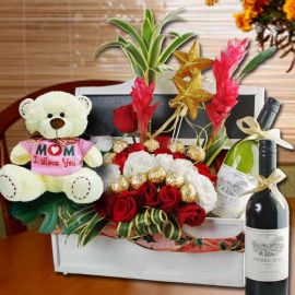 "I Love U Mum" Bear, Flowers & Wines Basket