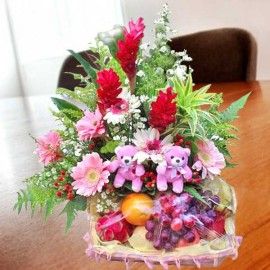 Pink Gerberas With Fruits & 2 Small Bears