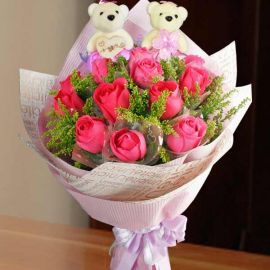 Hot Pink Roses & 12cm 一生一世爱你 Bears