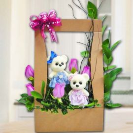 Couple Bear & 5 Purple Roses Arrangement