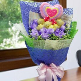 12 Purple Roses & 6 Rocher With Heart-Shape Pillow Hand Bouquet