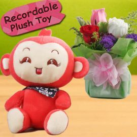 3 Mixed Roses and 6 Inches Plush Toy with Voice Recorder