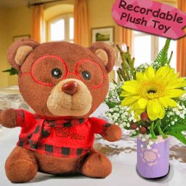 Yellow Gerbera and 6 Inches  Bear with Voice Recorder