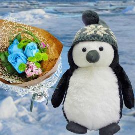 GUND Puffers Penguin 10 inches & 3 Blue Roses Delivery