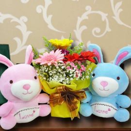16cm Couple Bunny & 3 Mixed Gerbera Standing Bouquet