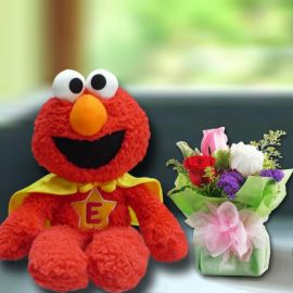 Elmo Plush Toys 30cm Height With 3 Mixed Roses Standing Bouquet