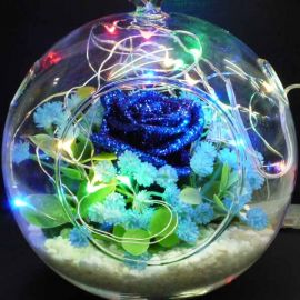 Blue Roses in Round Glass Bowl With Colorful LED Light