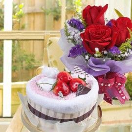 Cake Made By Towels & 3 Red Roses 