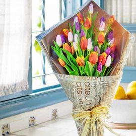 28 Mixed Color Tulips Hand Bouquet