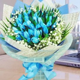 38 Blue Tulips Hand Bouquet