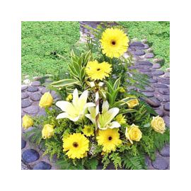 White lily with Yellow Gerbera and Roses Basket arrangement