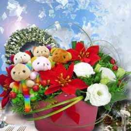 Artificial Christmas Flowers, Fresh Eustoma & Bears Arrangement